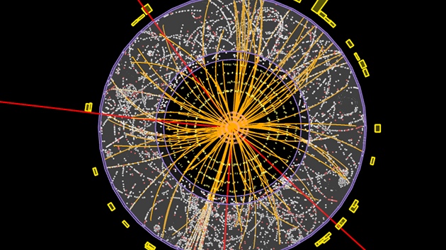 Záznam srážky dvou protonù z urychlovaèe LHC poøízený detektorem ATLAS. Je to
