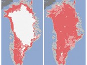 Èervené oblasti na povrchu Grónska ukazují, jak led natával 8. èervence (vlevo)...