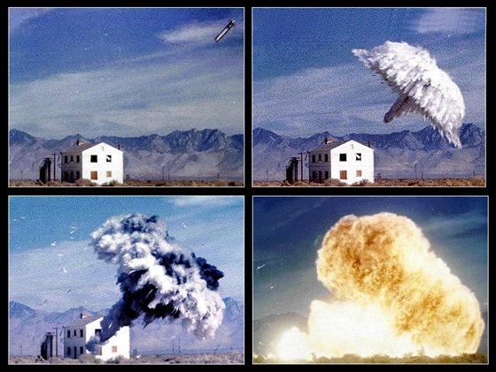 Exploze bomby FAE (Fuel/Air Explosive), která funguje podobnì jako termobarické...