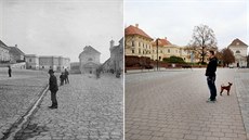 Námìstí ve Slavkovì u Brna kolem roku 1895 a dnes.