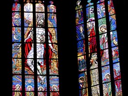 Karel IV. (vpravo dole) na sklenìné vitráži, kterou v roce 1935 pro pražskou katedrálu navrhl výtvarník Max Švabinský.