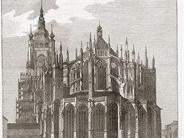 Katedrála svatého Víta, Václava a Vojtìcha na døevorytu podle kresby Eduarda Herolda z roku 1864.