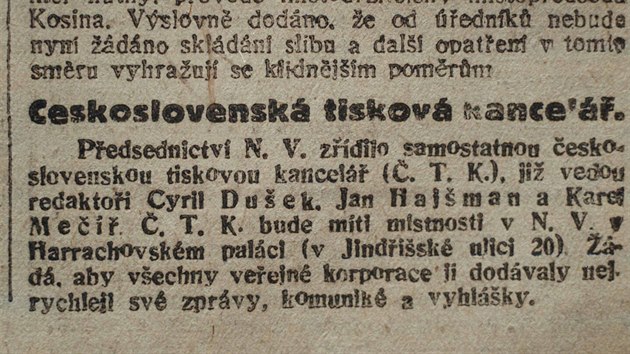 Oznámení vzniku ÈTK v novinách Právo lidu (31. øíjna 1918)