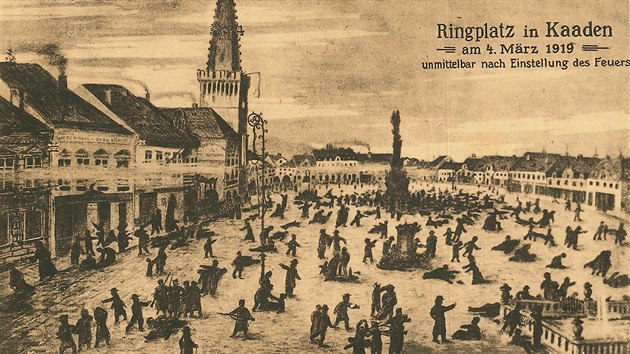 Pohlednice s kresbou události ze 4. bøezna 1919, kdy po støelbì do demonstrantù...