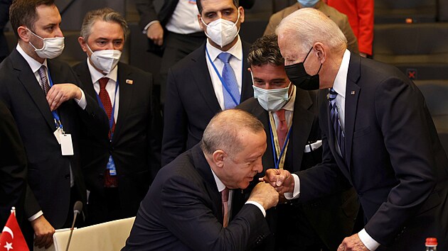 Trapný moment na summitu NATO. Turecký prezident Recep Tayyip Erdogan svému americkému protìjšku Joeu Bidenovi pøi pozdravu málem nechtìnì políbil ruku. (14. èervna 2021)