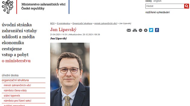 Aktualizovaná stránka ministerstva zahranièí s novým šéfem Janem Lipavským (20. prosince 2021)