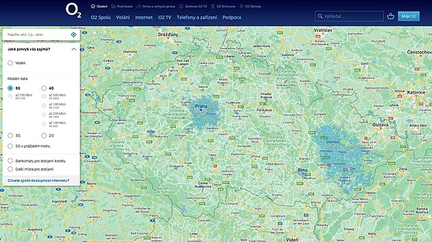 Mapa Èeska s lokalitami pokrytými signálem 5G od O2 (duben 2022)