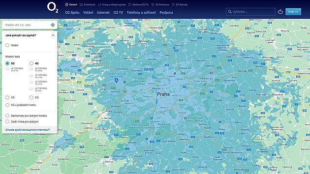 Mapa Prahy s pokrytím signálem 5G od O2 (duben 2022)