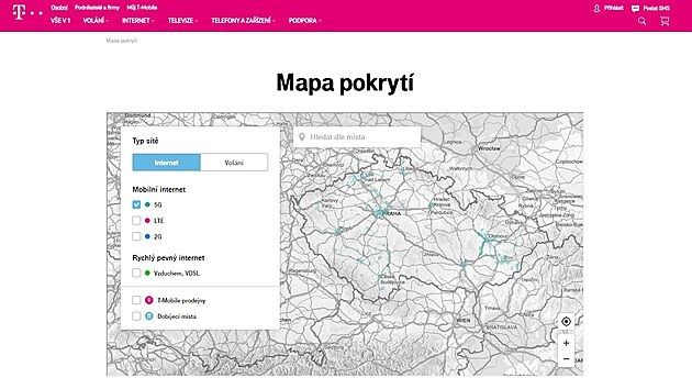 Mapa Èeska s lokalitami pokrytými signálem 5G od T-Mobilu (duben 2022)