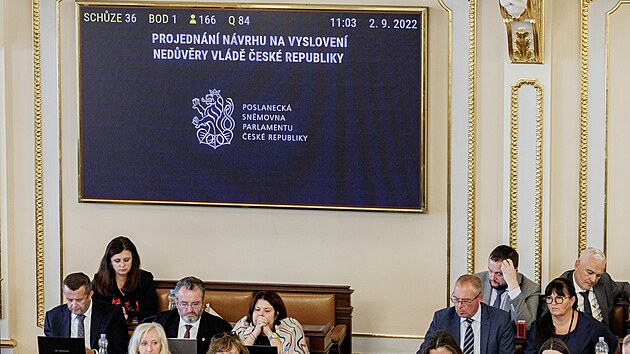 Poslanecká snìmovna Parlamentu ÈR projednává návrh na vyslovení nedùvìry vládì. (2. záøí 2022)