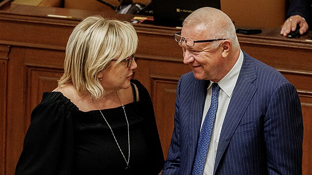 Poslanci Alena Schillerová a Jaroslav Faltýnek (oba za Hnutí ANO) v Poslanecké snìmovnì. (2. záøí 2022)