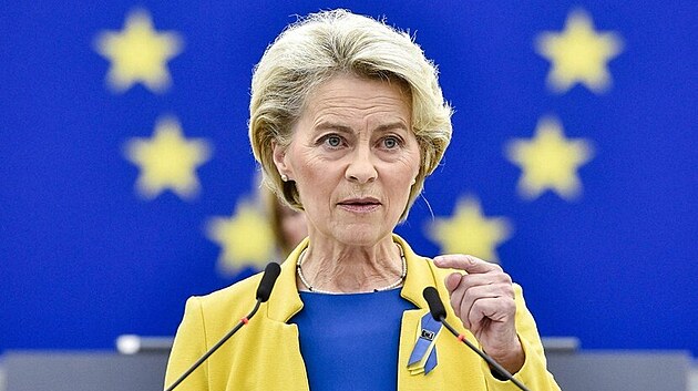 Ursula von der Leyenová v žluto-modré kombinaci. Není jasné, èi pøi vybírání svrškù myslela spíše na Evropskou unii, Ukrajinu, nebo dokonce obojí.