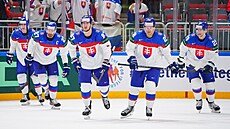 Slovenští hokejisté míøí po gólu útoèníka Pavla Regendy (87) ke støídaèce.