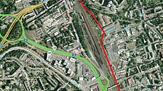 Vyznaèení trasy plánované nové silnice Prodloužená Porážková. (10. srpna 2023)