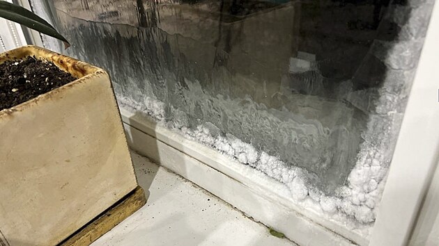 Zamrzlé okno v bytì v Podolsku (7. ledna 2024)
