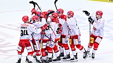 Hradeètí hokejisté slaví výhru po samostatných nájezdech nad Pardubicemi.