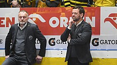 Litvínovští trenéøi Robert Reichel a Karel Mlejnek bìhem zápasu s Pardubicemi.