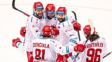 Hokejisté Tøince se radují z gólu proti Pardubicím.