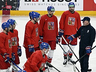 Trenér Radim Rulík dává pokyny hráèùm na tréninku èeské hokejové reprezentace.