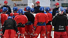 Trenér Radim Rulík vede trénink èeské hokejové reprezentace v Brnì.