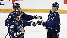 Finští hokejisté oslavují gól proti Švýcarsku. Vpravo je jeho autor Patrik...