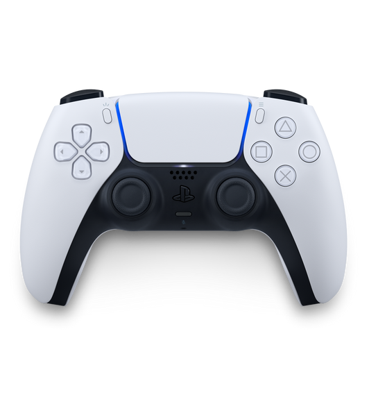Vue de dessus, manette sans fil PlayStation DualSense de Sony, boutons de direction à gauche, boutons d’action à droite, joysticks droit et gauche