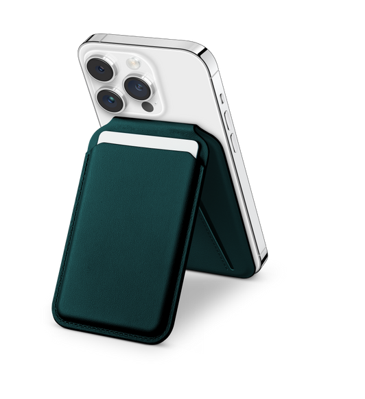 The Satechi Magnetic Wallet Stand, unfolded, magnetically attached to back of iPhone via MagSafe, with cards inserted in front card slot.