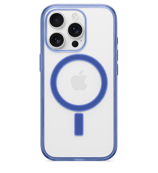 iPhone 16 Pro Otterbox Lumen Clear Case, back, transparent design accented with blue on the borders of the iPhone and at the MagSafe centre around the Apple logo, attached to iPhone 16 Pro in White Titanium finish.