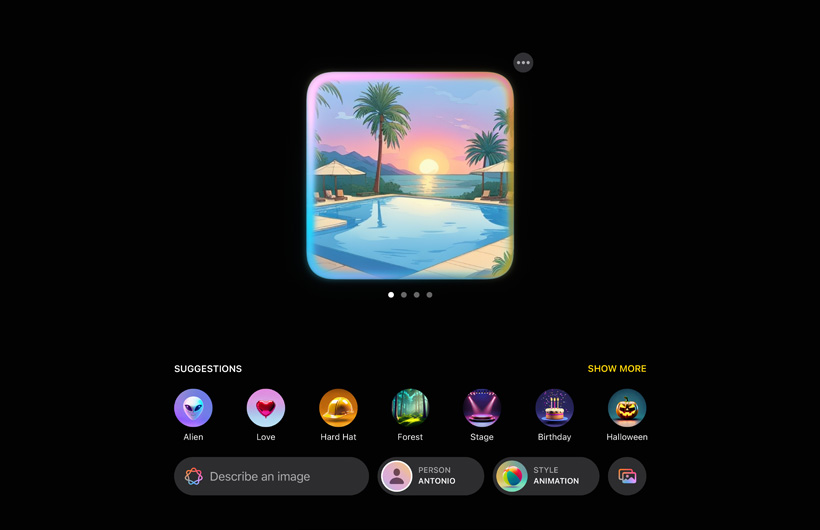 UI pengalaman Image Playground menunjukkan gambar otak berwarna-warni yang dikelilingi oleh instrumen klasik dan notasi musik dengan saran elemen lain yang dapat ditambahkan ke gambar