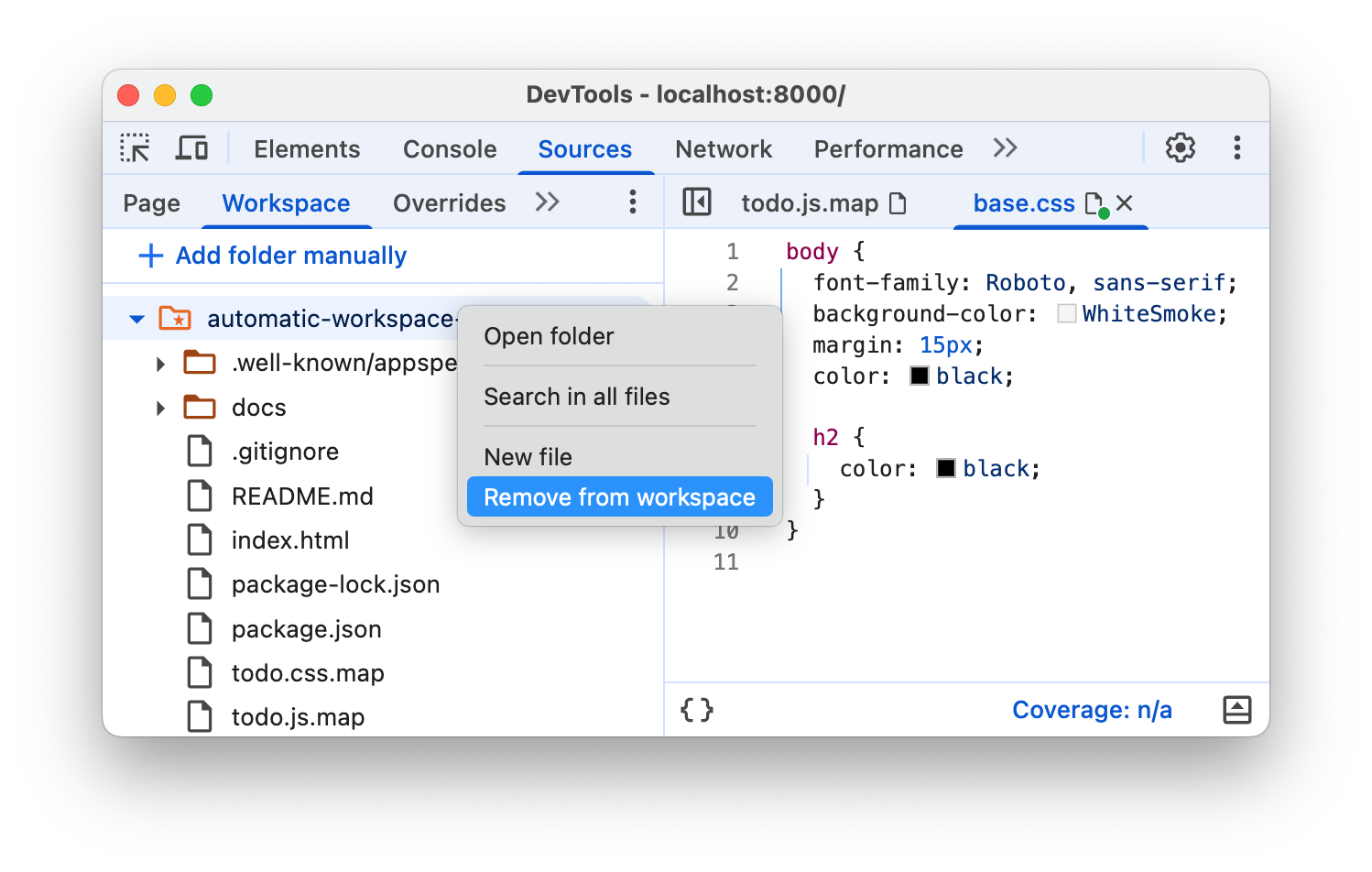 Opsi &#39;Hapus dari ruang kerja&#39; di menu drop-down.