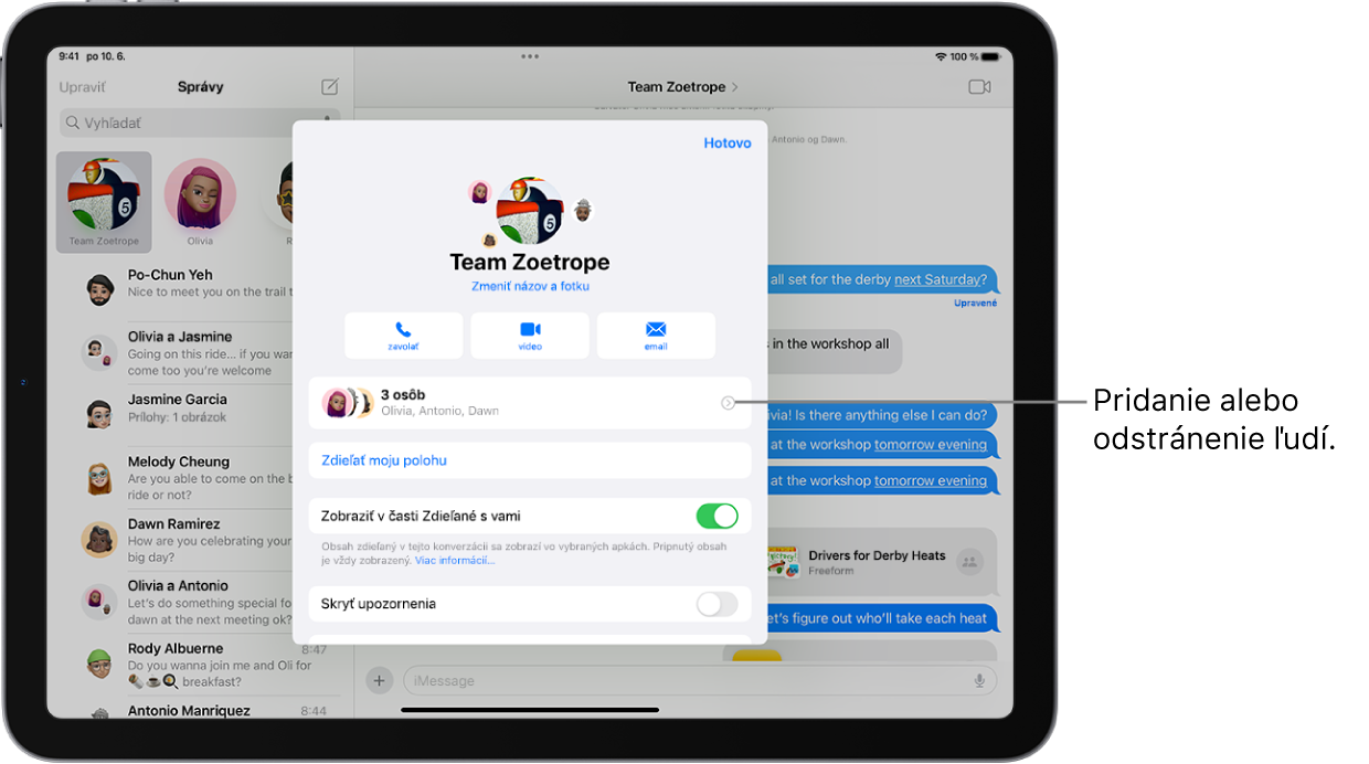 iPad s podrobnosťami skupinovej konverzácie.
