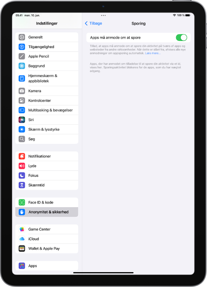 Skærmen Sporing med en indstilling til at styre, om apps kan bede om at spore dig på tværs af websteder eller apps, der ejes af andre virksomheder.
